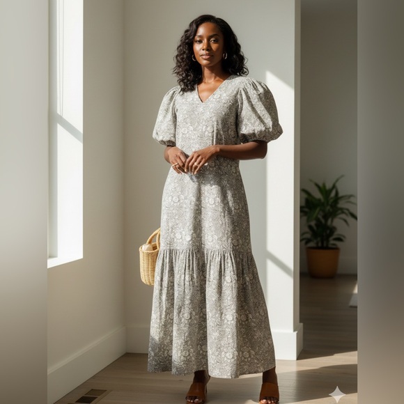 Anna Cate Dresses & Skirts - ANNA CATE Grey Floral Block Print Maxi Dress XS Puff Sleeve V-Neck Cotton Luxe